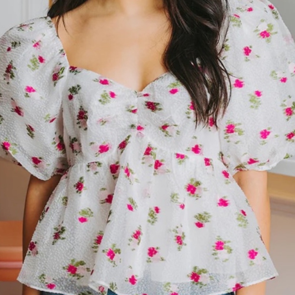 Nwt BuddyLove embroidered rose peplum top buddylove puff sleeve spring t… - Picture 4 of 10
